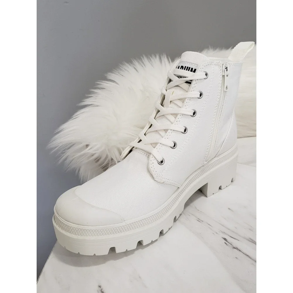 NEW 7.5 PALLADIUM  Pallabase Twill Star White‎ Platform Side-Zip Boots Sneakers